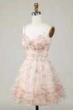Charming Champagne Corset Floral Design A-line Spaghetti Strap Homecoming Dress HZ1024