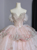 Vintage Pink Glittering Beaded Sweetheart Tulle Sweet 16 Quinceanera A-Line Off-the-shoulder Evening Dress Long Ball Gown HZ1024