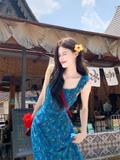 New Fashion Blue Floral Design A-line Square Collar Beach Holiday Sleeveless Dress HZ1024