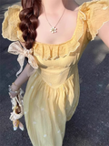 Vintage Faint Yellow A-Line Prom Dress Floral Short-sleeve Evening Dress Chiffon Long Formal Dress HZ1024