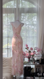Retro Pink Floral Spaghetti Strap Romantic Chiffon Evening Dress Prom Dresses HZ1024