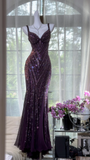 Gorgeous Purple Beaded Sequin V-neck Mermaid Elegant Chiffon Evening Dress Prom Dresses HZ1024