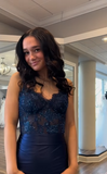 Navy Blue Mermaid Spaghetti Strap Lace Satin High Split Long Prom Dresses HZ1024