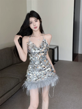 Vintage Silvery Sequin V-neck Design A-line Halter Homecoming Dress HZ1024