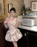 Vintage Beige Pleated Bow Design A-line Lace 3D Flower Spaghetti Strap Homecoming Dress HZ1024