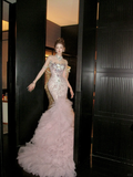 Gorgeous Glittering Pink Beaded Sequin Strapless Mermaid Design Elegant Prom Dress Evening Dress HZ1024
