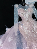 Vintage Shiny Pink Sequined Sweetheart Design Mermaid Prom Dress Evening Dress HZ1024