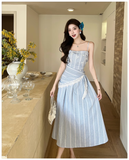 New Fashion Blue Stripe Design A-line Lace Spaghetti Strap Dress HZ1024