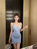 Fashion Light Blue Flower Embroidery Bodycon Design A-line Halter Homecoming Dress HZ1024