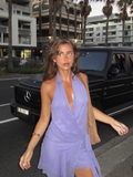 Simple Purple V-neck Halter Dress Design A-line Tulle Party Dress Homecoming Dress HZ1024
