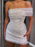 Vintage Shiny Sheath Homecoming Dress Unique off-the-shoulder Design Party Dress Short Cocktail Dress HZ1024