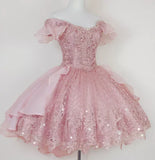 Vintage Shiny Pink Beaded Homecoming Dress Off-the-shoulder Party Dress Short A-Line Cocktail Dress HZ1024