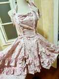 Vintage Pink Floral Halter Dress Design A-Line Elegant Tiered Homecoming Dress Birthday Dress Party Dress HZ1024