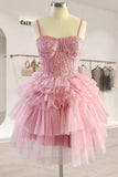 Fashion Pink Corset Tulle Design Spaghetti Strap Tiered Homecoming Dress HZ1024