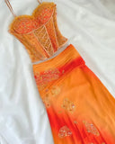 Vintage Orange Ombre Sweetheart A-Line Two Pieces Prom Dress Beaded Chiffon Spaghetti Strap Formal Dress HZ1024
