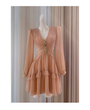 Retro Beading Design A-line Chiffon Long- sleeved V-neck Party Dresses Homecoming Dresses, HZ1024