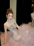 Gorgeous Glittering Pink Beaded Sequin Strapless Mermaid Design Elegant Prom Dress Evening Dress HZ1024