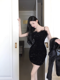 Vintage Black Sequin Bodycon Design A-line Spaghetti Strap Homecoming Dress HZ1024