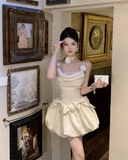 Vintage Beige Pleated Bow Design A-line Lace 3D Flower Spaghetti Strap Homecoming Dress HZ1024