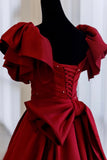 Gorgeous Burgundy V-neck Satin Puffy Sleeves Beading Sweet 16 Quinceanera A-Line Evening Dress Ball Gown HZ1024