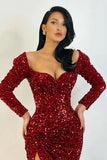 Vintage Glittering Beaded Prom Dress Sweetheart Long-sleeved Evening Gown Sheath High Slit Party Dress Long Formal Dress HZ1024