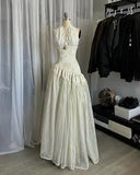 Vintage White Lace Sleeveless Halter Neck Wedding Dress Evening Gown HZ1024