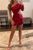 Fashion Red Sequin One-shoulder Design Bodycon Homecoming Dress HZ1024