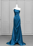 Blue Soft Satin Long Prom Dress with Leg Slit, Blue Evening Dress Formal Dress HZ1024