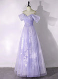 A-line Purple Tulle with Lace Off Shoulder Formal Dress, Purple Tulle Prom Dress HZ1024