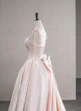 Pink Satin Straps Long Formal Dress with Bow, Pink Satin Prom Dress Party Dress HZ1024