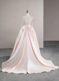 Pink Satin Straps Long Formal Dress with Bow, Pink Satin Prom Dress Party Dress HZ1024