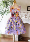 Cute Light Purple Lace Flowers Short Homecoming Dress, Purple Short Party Dress HZ1024
