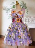 Cute Light Purple Lace Flowers Short Homecoming Dress, Purple Short Party Dress HZ1024