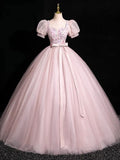 Beautiful Floral Tulle Floor Length Prom Dress, Pink A-Line Short Sleeve Evening Dress HZ1024