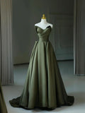Dark Green Satin V-Neck Long Prom Dress, A-Line Strapless Evening Party Dress HZ1024