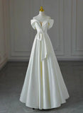 White Satin A-line Off Shoulder Evening Dress, White Satin Long Wedding Party Dress HZ1024
