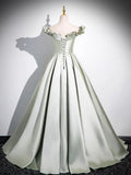 Light Green Long A-Line Princess Dress, Beautiful Off the Shoulder Evening Prom Dress HZ1024