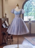 Cute Light Purple Short Sleeves Homecoming Dress, Light Purple Party Dress HZ1024