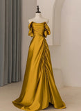 Gold Satin Off Shoulder Long Evening Dress, Gold Satin Prom Dress HZ1024