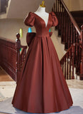 A-line Satin Short Sleeves Long Prom Dress, Satin Simple Evening Dress HZ1024