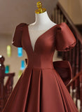 A-line Satin Short Sleeves Long Prom Dress, Satin Simple Evening Dress HZ1024
