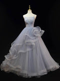 Beautiful Gray Cascading Ruffles Pearl Prom Dress, A-line Spaghetti Straps Sleeveless Backless Formal Dress HZ1024
