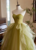 Green Sweetheart Straps Tulle Long Party Dress, Green Tulle Prom Dress HZ1024