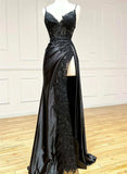 Black Long Satin with Lace Straps Long Party Dress, Black Evening Dress HZ1024