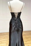 Black Long Satin with Lace Straps Long Party Dress, Black Evening Dress HZ1024