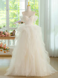 Light Champagne Spaghetti Strap Tulle Long Prom Dress, Beautiful A-Line Formal Evening Dress HZ1024