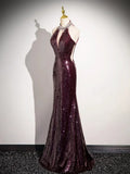 Burgundy Sequins Long Prom Dress, Mermaid Backless Evening Formal Dress HZ1024