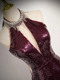 Burgundy Sequins Long Prom Dress, Mermaid Backless Evening Formal Dress HZ1024