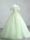 A-Line Sage Green Tulle Long Prom Dress, Beautiful Off the Shoulder Evening Party Dress HZ1024