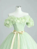 A-Line Sage Green Tulle Long Prom Dress, Beautiful Off the Shoulder Evening Party Dress HZ1024